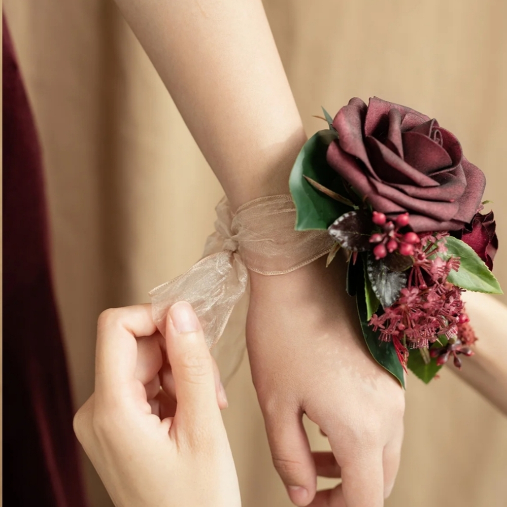 Elegant Burgundy Floral Wrist Corsage